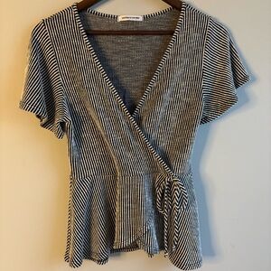Caution to the Wind Striped Wrap Peplum Top Small Black White Tie Waist